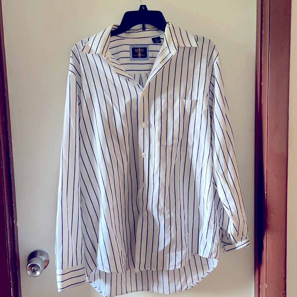 A white button down with black stripes.